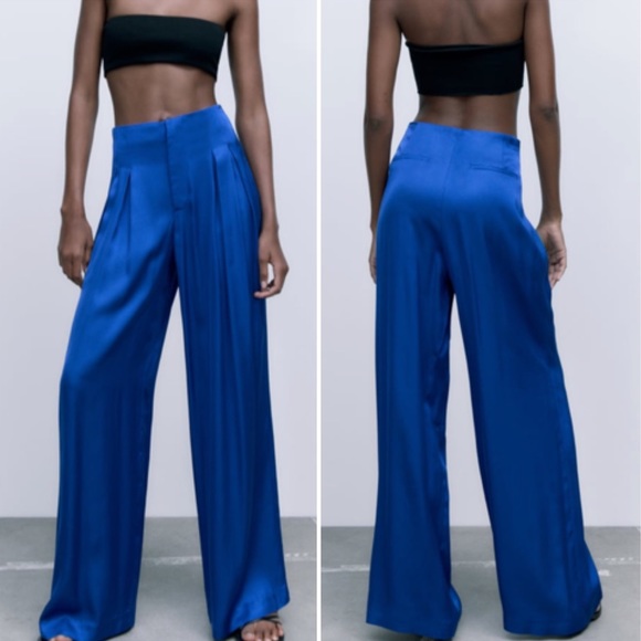 NWT Zara Full Length Satin Effect Wide Leg Trousers Pants - Picture 8 of 15